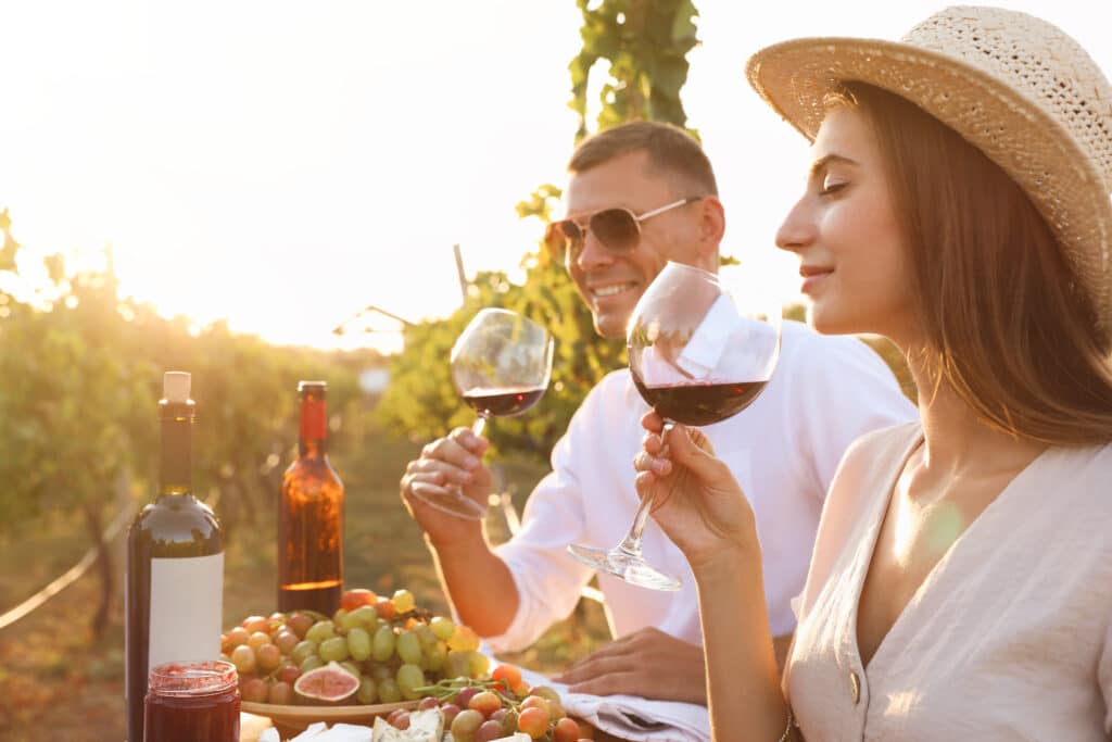 Couple,Tasting,Red,Wine,At,Vineyard,On,Sunny,Day